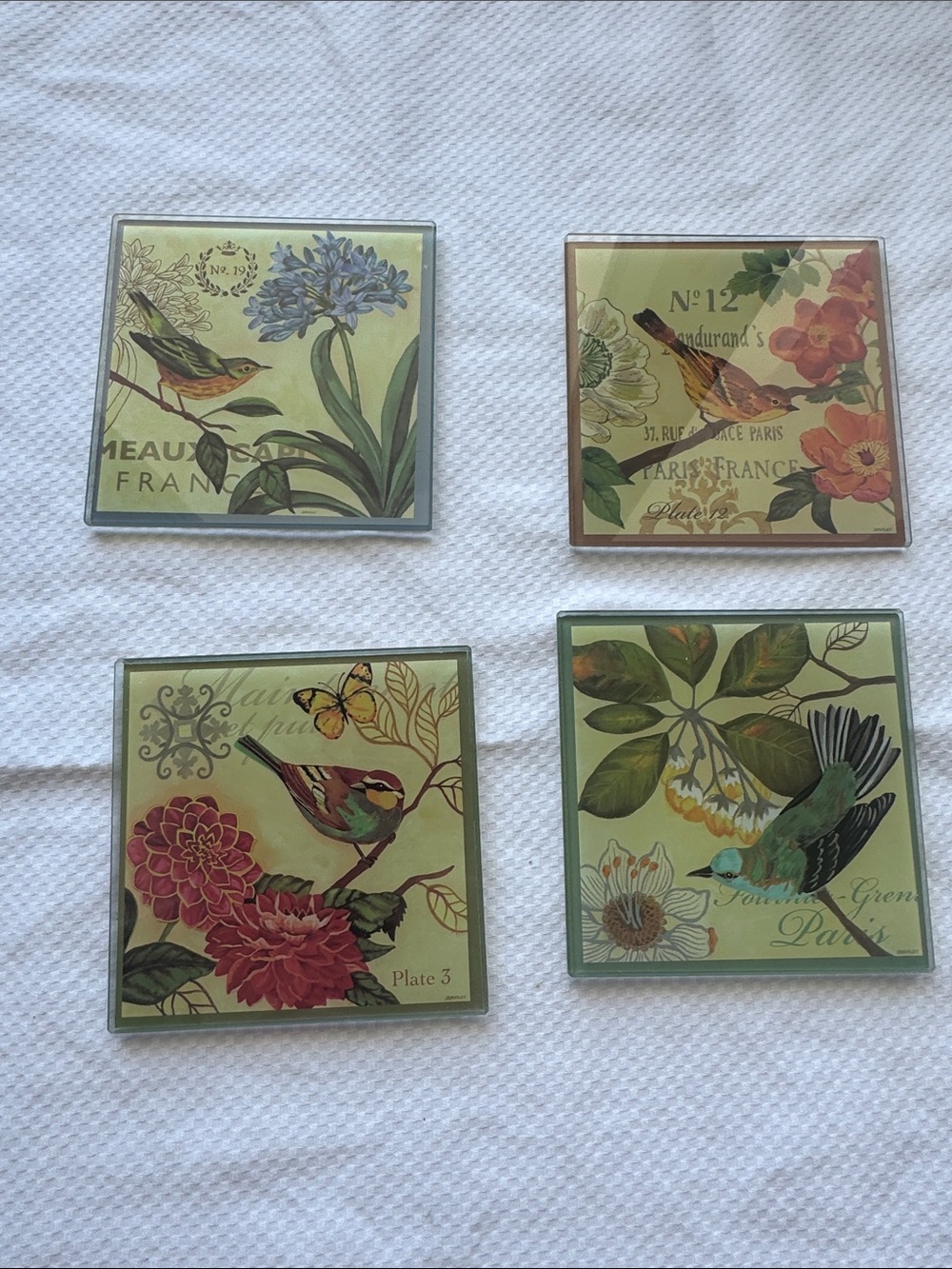 Set of 4 French themed glass bird coasters from Pier 1.